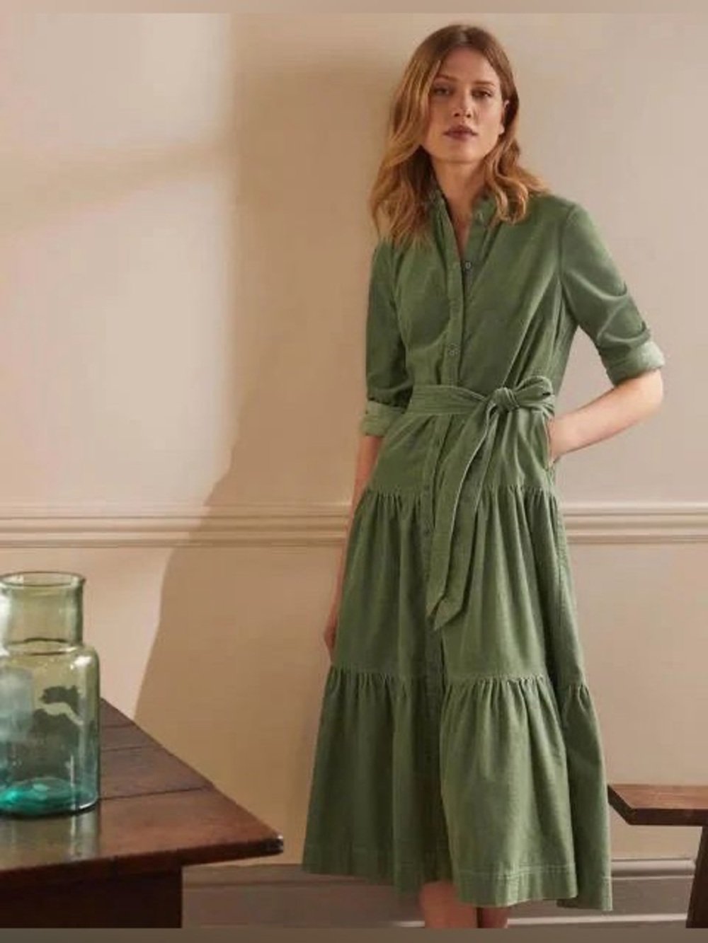 BODEN Tiered Shirt Corduroy Midi Dress Green Ruffle Preppy Long Sleeve Preppy 12 - Picture 2 of 8